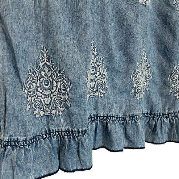 Sundance Fleur De Sel Top Embroidered Floral Lyocell Chambray Ruffle Size Small - Picture 4 of 6